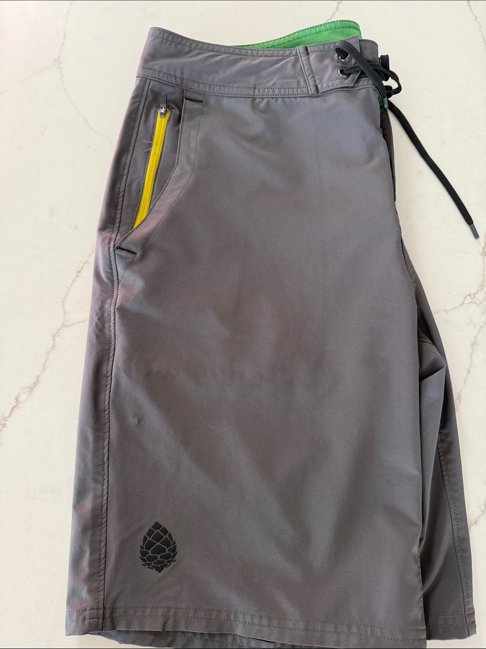 Stio Gray Swim Board Shorts with Yellow Zip and Green Waistband